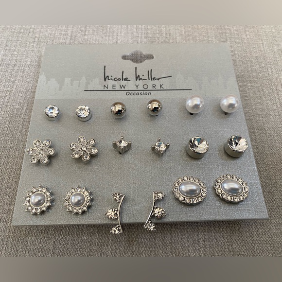 NWT Nicole Miller New York 9-Pair Occasion Earring Set Silver Rhinestone - Picture 2 of 3